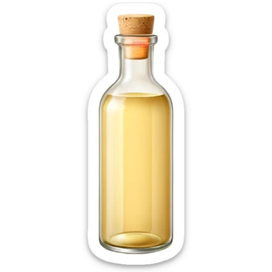 simple glass bottle with pale golden liquid inside, capped with a cork or screw cap, slender practical shape, soft label suggesting everyday use, clear light yellow hue visible through the glass, no glass, pour, or branding, closed bottle, soft lighting, subtle shadows, emoji scale sticker