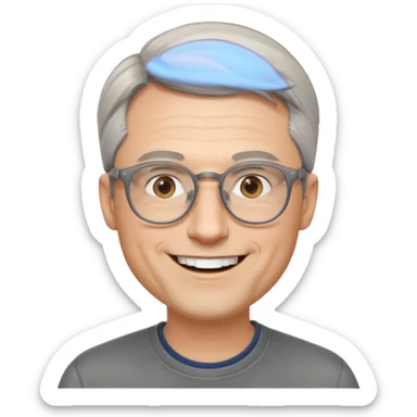 40 yr old pale white man, grey side swept hair, round glasses, big smile, white teeth, handsome, longer hair, thin glasses, no wrinkles sticker