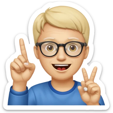 Somebody with Asperger’s who wears glasses as their eyes wide open, making a shit eating grin while having their pointer finger pointed up and at their mouth sticker
