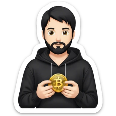 hackeur blanc cheveux noir barbe et capuche noir avec un bitcoin sticker