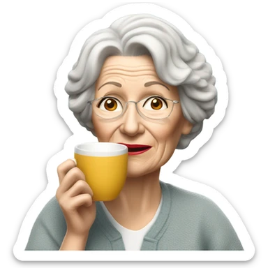 3d hyper realistic senior woman drinking a cup of tea with a biscuit  sticker