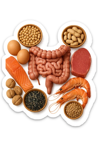 carne, uova, semi oleosi, legumi, crostacei insieme ad INTESTINO umanO realisticO, iperrealistici 4k sticker