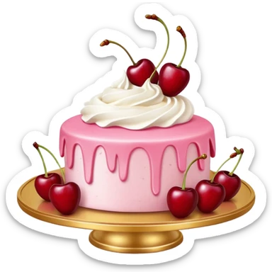 Round pink frosted cake with textured buttercream sides, placed on a gold cake board.
White whipped cream swirls on top, each topped with glossy red cherries with stems, clean studio lighting, isolated background, realistic minimal smooth emoji-style. sticker