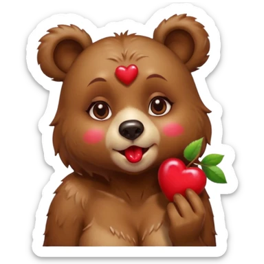 A female bear, with cherries on ears, blowing a kiss with her lips, releasing a heart sticker