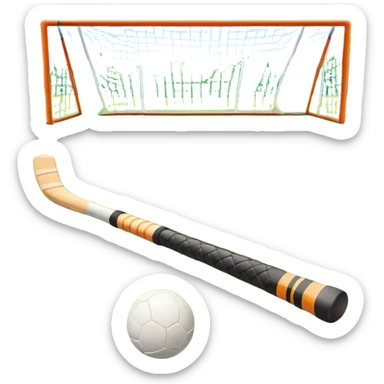 A field hockey stick and ball resting on a well-maintained green grass field, with the goalposts and markings visible in the background. The scene highlights the precision and focus of the grass facture, with the vibrant green pitch creating a dynamic atmosphere. sticker