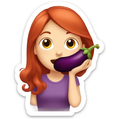 Red haired girl holding eggplant near mouth pretending to bite it sticker