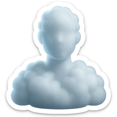 person made entirely of white fluffy clouds, shoulder up, front view, matte glass style sticker