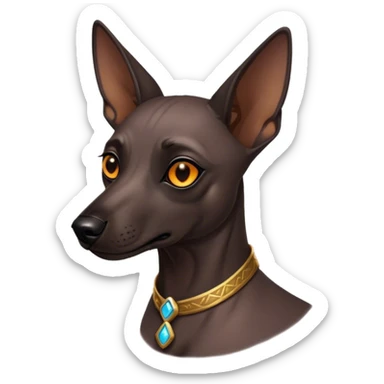 Cinematic Noble Xoloitzcuintle dog Portrait Emoji, Poised and regal, with a sleek, muscular build and smooth, hairless ebony skin accented by subtle wrinkles, deep-set soulful dark eyes, Simplified yet sharp and sophisticated features, highly detailed, glowing with a soft, dignified glow, high shine, intelligent and loyal, stylized with an air of ancient grace, focused and attentive, soft glowing outline, capturing the essence of a watchful and confident guardian, so majestic it feels as though it could stride out of the screen with effortless authority! sticker