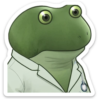 bufo frog wearing medical coat, downcast sad eyes, looking at camera sticker
