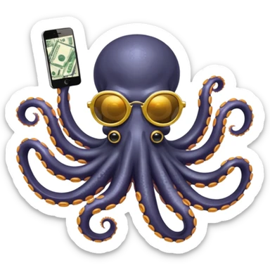 Intimidating octopus with pearl black skin, neon suction cups. Wearing mirrored sunglasses and a gold chain. 3 tentacles are holding their own cellphone, 2 other tentacles are holding stacks of money sticker