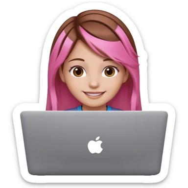 Make an apple emoji of a girl with brown hair that has pink strands of hair with her face behind a laptop screen facing her. sticker