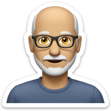 middle-aged bald man, with a greying beard and tech glasses sticker