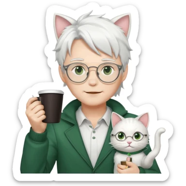 An anime guy with white hair, white cat ears, green eyes, and glasses, holding a coffee cup in his hand and waving sticker