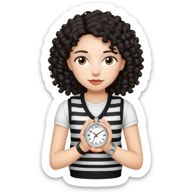 Chica joven con cabello rizado y oscuro, piel clara, vestida con un chaleco tejido blanco con rayas negras y una camiseta blanca debajo. Lleva un reloj plateado  sticker