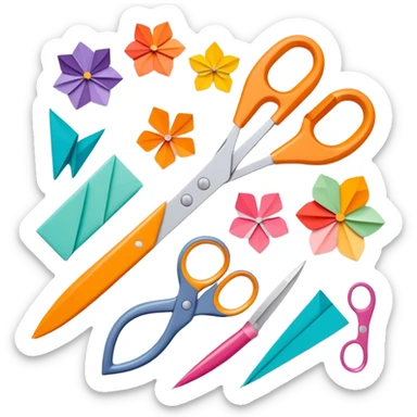 Paper crafting icon, various paper crafts like origami, paper flowers, and scrapbooking materials, visible tools such as tradittional scissors, glue stick, and paper sheets, colorful paper patterns, minimalistic style, clean lines, transparent background. sticker