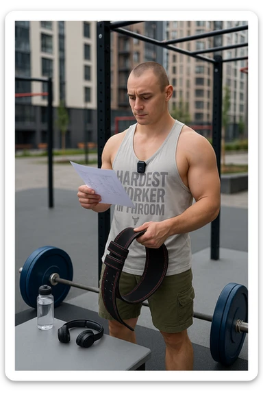 un uomo prepara con cura il suo set di pesi e la cintura per streetlifting, controllando una lista di esercizi e ripetizioni scritta su un foglio. Accanto a lui, una borraccia e delle cuffie. L’espressione è serena e sicura, a sottolineare l’importanza della programmazione per un allenamento efficace. Lo sfondo è un’area fitness urbana, pulita e ben attrezzata. sticker