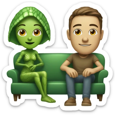 alien reptilian woman and humman man, sitting on a couch  sticker