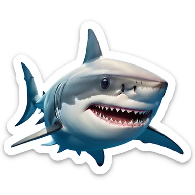 Cinematic Comical Great White Shark Portrait Emoji, Head tilted dramatically with an exaggeratedly shocked expression, featuring its iconic pointed snout, wide, comically expressive eyes, and a sleek body with a prominently defined dorsal fin, Simplified yet hilariously expressive features, highly detailed, glowing with a slightly sassy oceanic glow, high shine, dramatic yet playful, stylized with an air of cheeky marine mischief, soft glowing outline, capturing the essence of a meme-worthy great white shark that looks ready to side-eye its way into viral fame! sticker