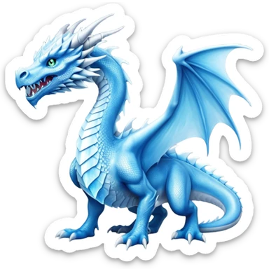 Cinematic Noble beautiful  Ice Dragon full body Emoji, Poised and imposing, distinct long elegant snout, with a slender, scaled body shimmering in glacial hues of icy blue, frostbitten silver, and crystalline white, breathing out frost, with piercing, glowing eyes that radiate the chilling depths of an arctic storm; rendered in detail. displaying its wings sticker