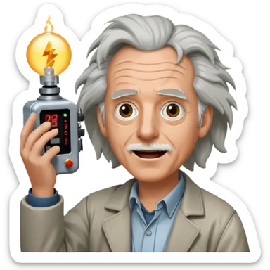 Doc Brown from Back to the Future, holding a flux capacitor, excited face, wild hair sticker