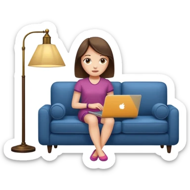 A girl is working with a laptop while lying on a sofa, with a floor lamp to the right. sticker