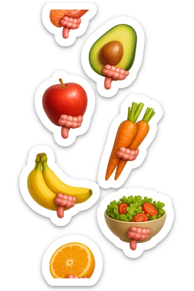 cibo sano fluttua in aria verticalmente stringendo piccoli colon umani, stile emoji iphone, iperrealistico 4k sticker