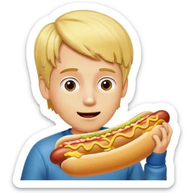 A boy taking a huge bite of a hot dog loaded with mustard and relish.





















 sticker