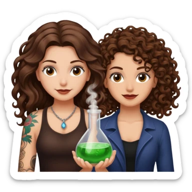 hiding potion — long wavy brown hair tattooed woman and short tight curly brown hair woman — guilty smile sticker