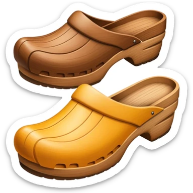 Cinematic Realistic Wooden Clogs Emoji, depicting the classic handcrafted footwear with a smooth, curved design and sturdy wooden soles, rendered with rich textures and warm, natural lighting. sticker