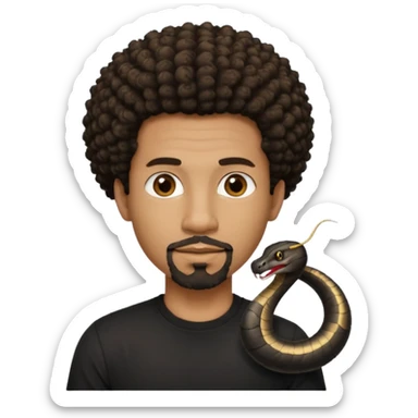 Homme noir, yeux marron avec un bouc sans la moustache, cheveux court et bouclé crépus avec un dégradé sur le côté, avec un cobra à côté , t-shirt noir  sticker