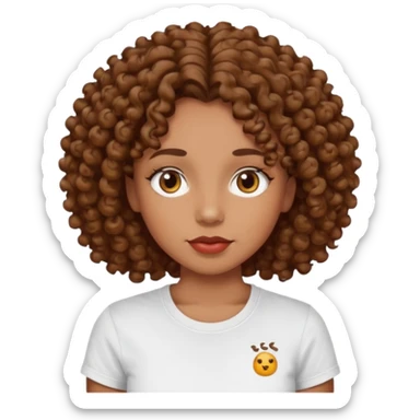 
professional, curly brown lady with hazel eyes, a little dot on the top of the left lip, a normal t shirst sticker