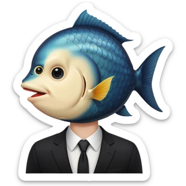 A man dressed in a black suit. His face is that of a fish — therefore, he has no human face. The fish’s face is positioned vertically, meaning its mouth is facing upward. sticker
