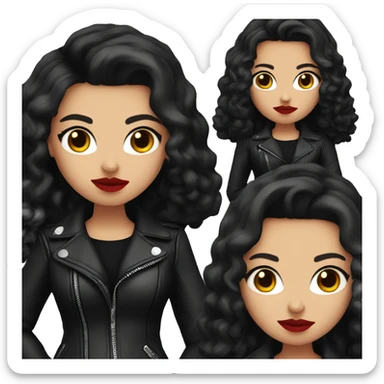 White girl, with long curly black hair, with red lipstick, black winged eyeliner, wearing black shirt and black leather jacket shrugging her shoulders sticker