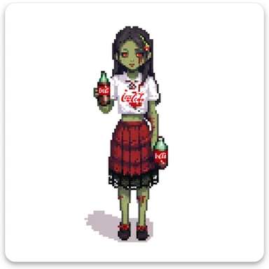 Generate an Asian girl, dark-haired, she's a zombie, wearing a skirt with lace, slightly torn,

Holding a bottle of Coca-Cola in her hands.

Background - a dark street in the style of Gotham City. sticker