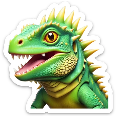 Cinematic Comical Iguana Portrait Emoji, Head tilted dramatically with an exaggeratedly shocked expression, featuring a robust, textured body with a quirky, spiky crest and wide, comically expressive eyes full of playful disbelief, Simplified yet hilariously expressive features, highly detailed, glowing with a slightly sassy jungle glow, high shine, dramatic yet playful, stylized with an air of quirky reptilian mischief, soft glowing outline, capturing the essence of a meme-worthy iguana that looks ready to side-eye its way into viral fame! sticker