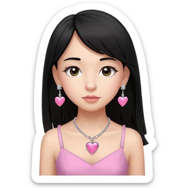 Cabelos pretos longos lisos ,com franja curvada .olhos pretos puxadinho para cima. Cílios longos curvados. Pele clara ,nariz pequeno ,lábios carnudos ,adolescente 16 anos ,vestido rosa de alça, colar de coração prata ,brinco de diamante sticker
