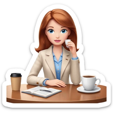 A Barbie girl with blue eyes, shoulder-length reddish-brown hair, made-up, wearing a white tweed jacket and a beige skirt, is sitting at a table with a cup of coffee in her hands sticker
