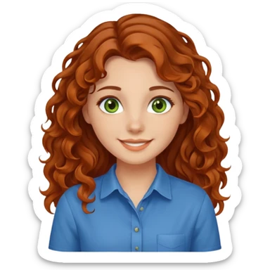 girl with brown hair, green eyes with a blue shirt no background ,young with curly hair smileing long hair not so curly and orange sticker