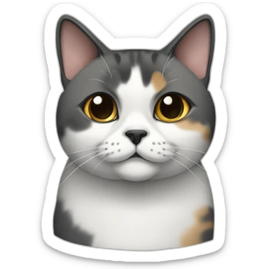 senior fat diluted calico cat, white chin, black nose, grey ears, grey and white sticker