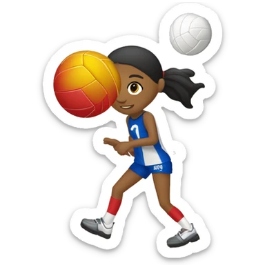 una perona sentada en el piso con una red de voleibol estirada alfrente de ella  y un balon de voleibol arriba en el aire sticker