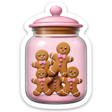 Realistic glass cookie jar with light pink lid full of gingerbread cookies isolated.  sticker