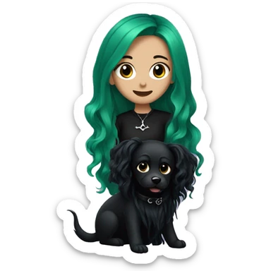 a goth girl with green long wavy hair and two black dogs sticker