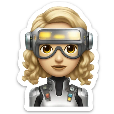 Brown long hair with blonde steaks female cyborg head, fair skin, space age goggles and circuits sticker
