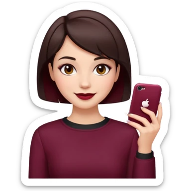 brunette girl, short hair, burgundy clothes, trendy heavy makeup, smiling sticker