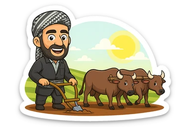 Edit the cartoon sticker of the farmer to change the clothing to match the traditional Kurdish outfit shown in the reference photo. The outfit includes a dark striped jacket, shirt, sash, and patterned headscarf. Keep the rest of the sticker the same. Maintain the vibrant, cheerful style suitable for WhatsApp and Instagram with a transparent background. sticker
