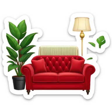 red velvet luxury loveseat with a mic in front, houseplant in back, and floor lamp in back; cozy living room vibes sticker