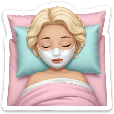 Girl sleeping peacefully with a white beauty face mask on, self care routine. baby pink bedding  sticker