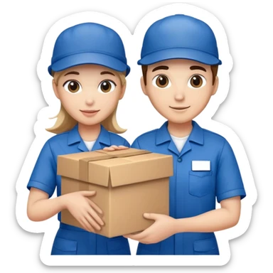 two suppliers in blue work uniforms wearing hat-style caps holding a big box together sticker