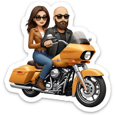 Harley Davidson road glide bearded bald sunglasses man  with brunette girl  pillion sticker