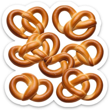 Cinematic Realistic Pretzels Dish Emoji, featuring freshly baked, twisted pretzels with a glossy, salted crust rendered with detailed textures and warm, appetizing lighting. sticker